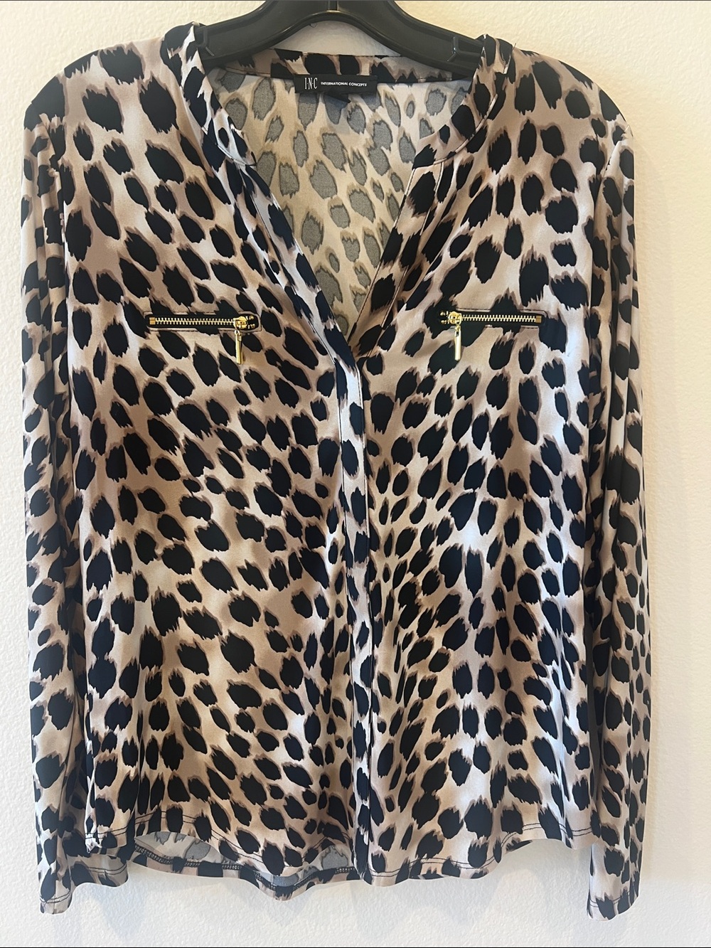 INC International Concepts Leopard-Print Zip-Pocket Top - Black & Beige